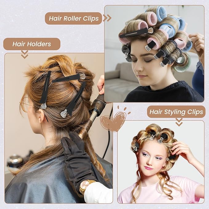 12PCS Hair Clips for Styling - No Crease Hair Clips for Women - Non Slip Duck Billed Hair Roller Clip with Silicone Band - Salon Hair Sectioning Clips Black