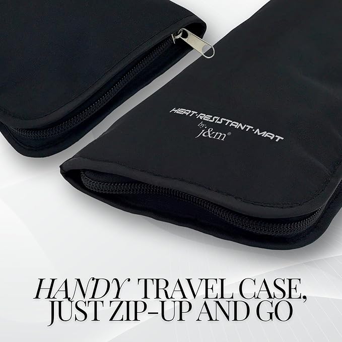 New: Hair Straightener Mat & Pouch by j&m - Enhanced Heat Resistant - Fits ghd, BaByliss & Larger Flat Irons - Zip-Up All-in-One Compact Travel Case (Felt Mat)