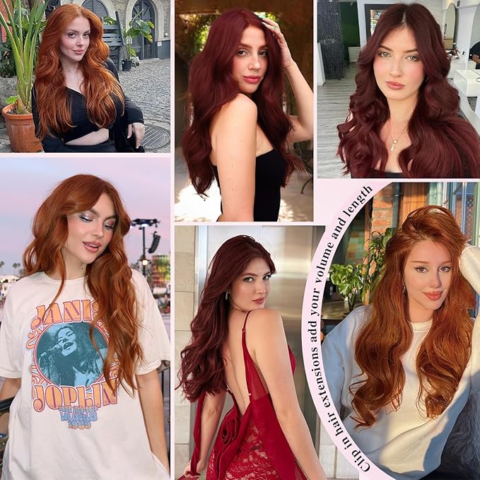 Clip in Hair Extensions for Women, 16 Inch Wavy Copper Hair Extensions Clip Ins, 8PCS Synthetic Curly Hairpieces for Women DailyParty Use