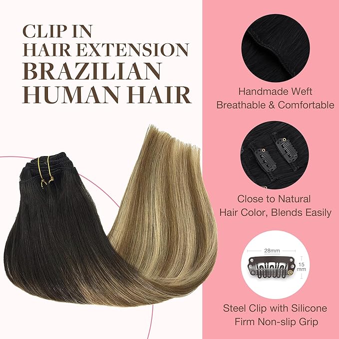 GOO GOO Clip in Hair Extensions Real Human Hair, Remy Human Hair Extensions Clip ins for Women, Natural Human Hair, 18inch 120g 7Pcs, 2/6/18 Balayage Brown to Dirty Blonde
