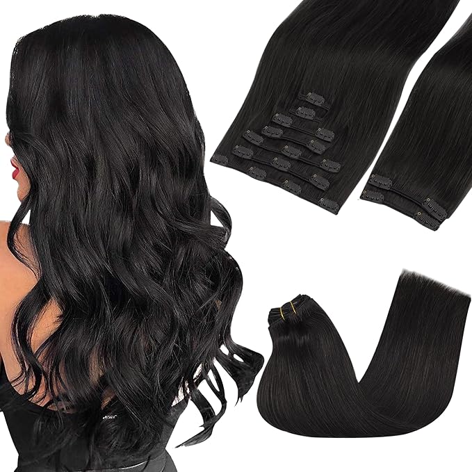 GOO GOO Clip in Hair Extensions Real Human Hair, Remy Human Hair Extensions Clip ins for Women, Natural Human Hair, 22inch 220g 9Pcs, #1B Natural Black