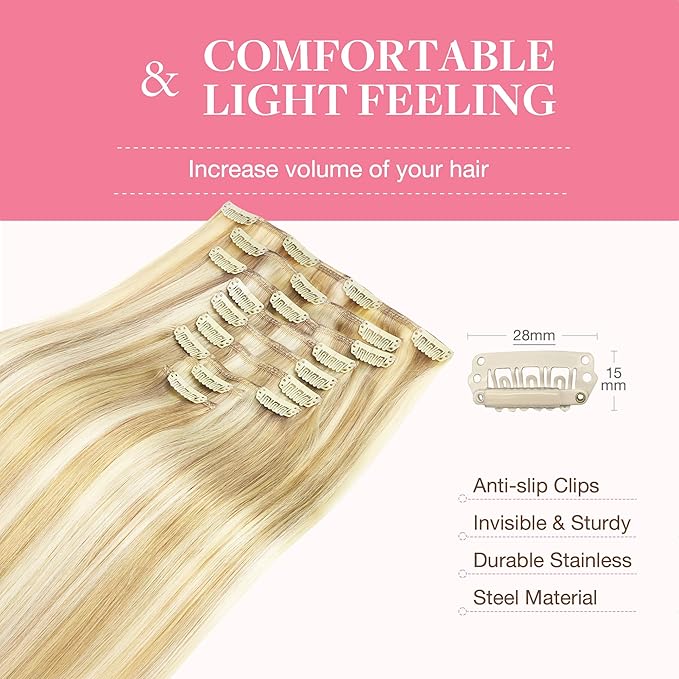 GOO GOO Clip in Hair Extensions Real Human Hair, Remy Human Hair Extensions Clip ins for Women, Natural Human Hair, 20inch 150g 9Pcs, 18D/22F Dirty Blonde Highlights