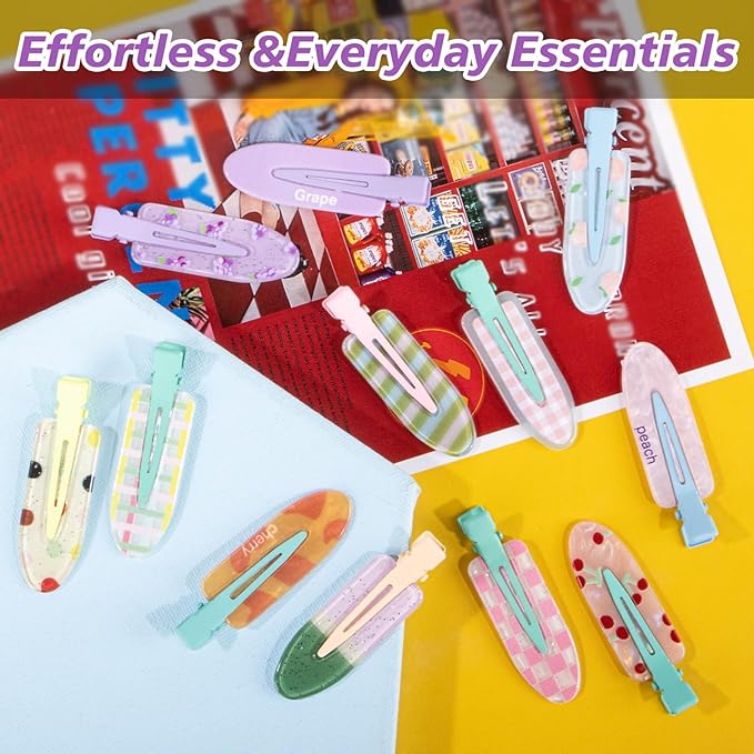 Magicsky 12PCS No Bend Hair Clips, Hawaiian Acrylic Flat Styling No Crease Pins, Bang Seamless Duckbill, Barrettes for Makeup, Cute Beach Hairstyle Tool for Women Girls, Colorful Fruit