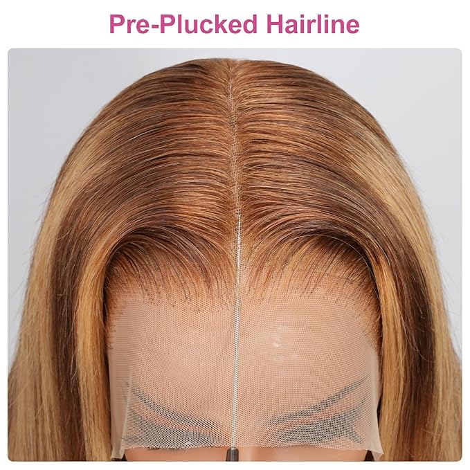 210% Density 13x6 Highlight Ombre Full Lace Frontal Wigs Human Hair 12A Body Wave Brazilian Human Hair Pre Plucked 4/27 Honey Blonde HD Glueless Transparent Lace with Baby Hair 30 Inch