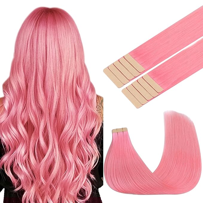 GOO GOO Tape in Hair Extensions Human Hair, Peach Pink, 14inch 25g 10pcs, Colored Tape ins Human Hair Extensions, Silky&Soft Invisible Tape Ins, Hair Highlighted for Party