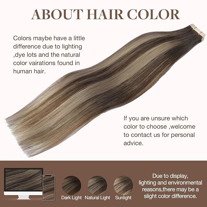 GOO GOO Tape in Hair Extensions Human Hair, 4/26/4 Balayage Chocolate Brown to Honey Blonde, 14inch 50g 20pcs, Skin Weft Seamless Invisible, Silky Straight with Thick Ends, Remy Human Hair