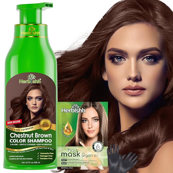 Herbishh Hair Color Shampoo for Gray Hair – Natural Hair Dye Shampoo – Colors Hair in Minutes – Lasts Up To 3-4 Weeks – 500 Ml – 3-In-1 Hair Color – Ammonia-Free | Herbishh (Chestnut Brown)