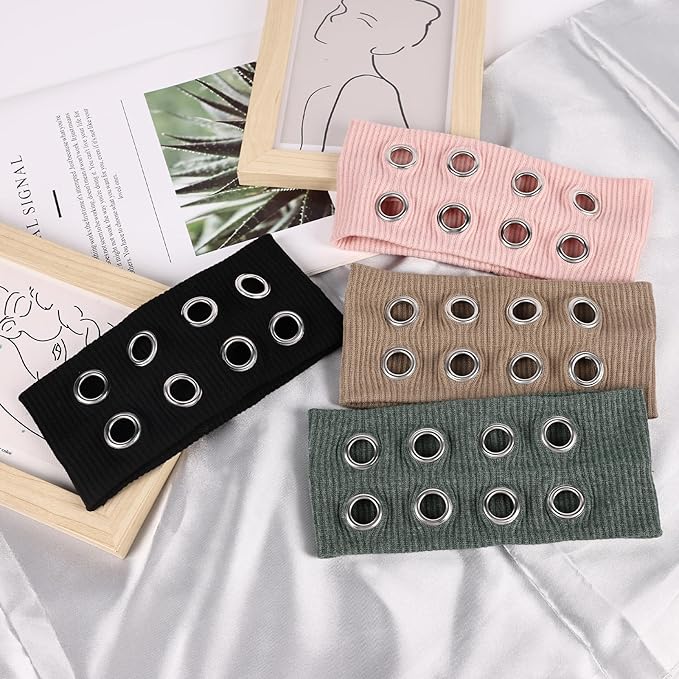 Meifuly Grommet Eyelet Headbands for Women, Hollow Out Eyelets Elastic Fashion Wide Headband, Y2k Girls Punk Grunge Goth Stretchy Hair Accessory (4 Pack)