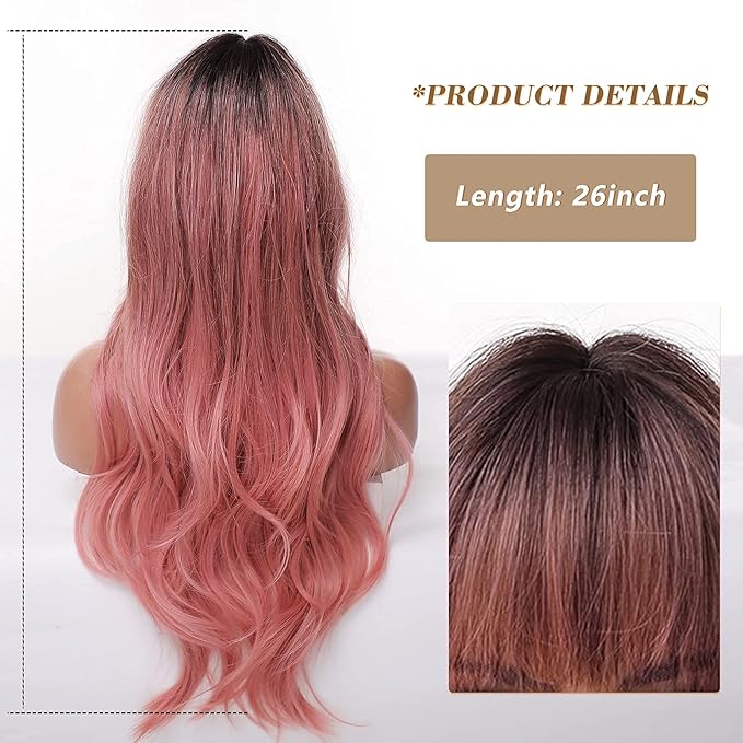 EMMOR Long Ombre Pink Wig for Women - Natural Curly Hair Synthetic Wigs With Bang Dark Root, Party Cosplay Daily Use (2pcs Free Wig Cap)