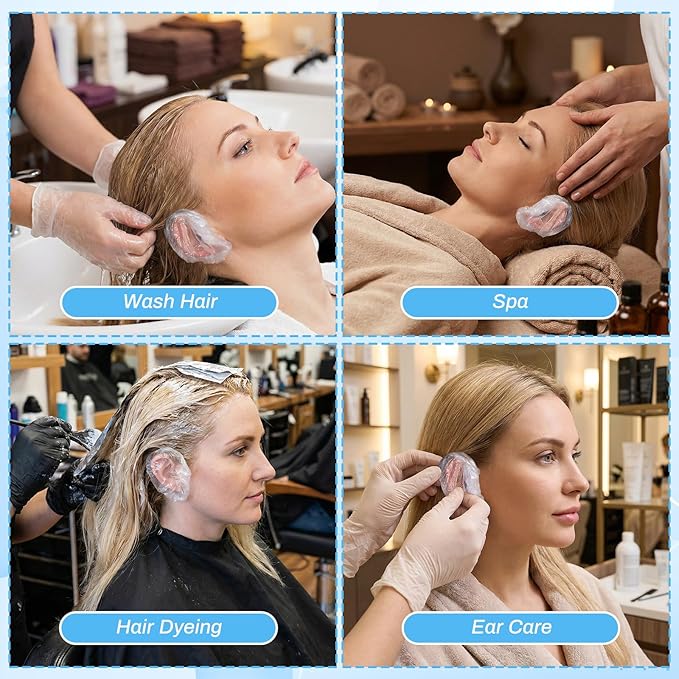 100 Pcs Disposable Clear Ear Covers, Ear Covers for Hair Dye, Waterproof Plastic Ear Protectors, Flexible Universal Earmuffs for Shower, Hair Dye, Bathing, Spa and Beauty Treatments Accessories