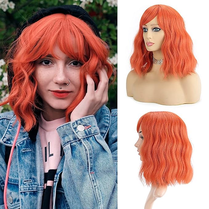 FAELBATY Short orange Wigs With Air Bangs Colorful wig Shoulder Length Women's Short Wig Curly Wavy Synthetic Cosplay Wig Orange Bob Wig for Girl Costume Wigs Orange Color 12"