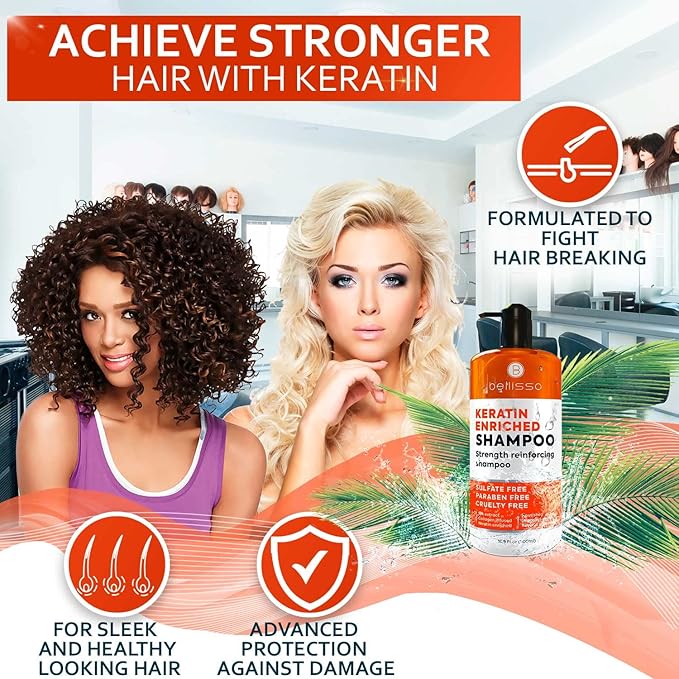 Keratin Enriched Shampoo - Sulfate and Paraben Free - Anti Frizz Treatment for Women and Men – Professional Salon Grade Repair Formula with Silk Protein for Dry, Frizzy Damaged and Color Treated Hair