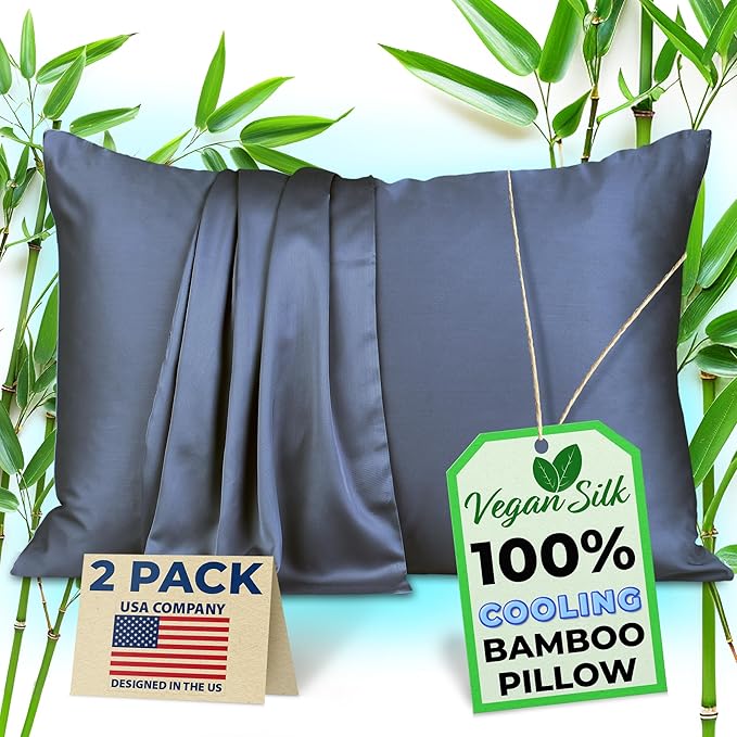 Pillow Cases - 100% Viscose Derived from Bamboo - Cooling Pillowcase - Standard Size, Navy Gray, Set of 2 Zippered - for Hot Sleepers - Soft Pillow Covers - by Vegan Silk