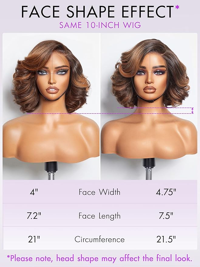 LUVME HAIR 10 Inch Brown Ombre Highlight Bob Wig Human Hair Pre Cut Glueless HD Lace Closure Wigs, Big Curly Mature Boss Left C Parted Wig For Women