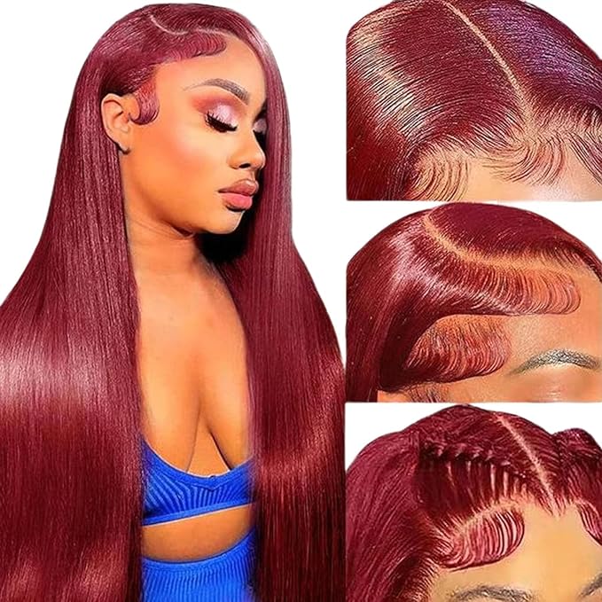 Burgundy Wig Human Hair 24inch 13x6 HD Transparent Lace Straight 99J Red Human Hair Wig Colored Reddish Brown Lace Frontal Wigs 180% Density Pre Plucked
