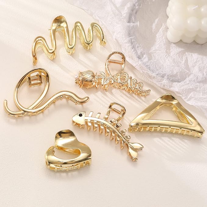 MHDGG Large Metal Hair Claw Clips for Women, 6-Pack Non-Slip Strong Hold Clips for Thin or Thick Curly Hair Styling (Gold)