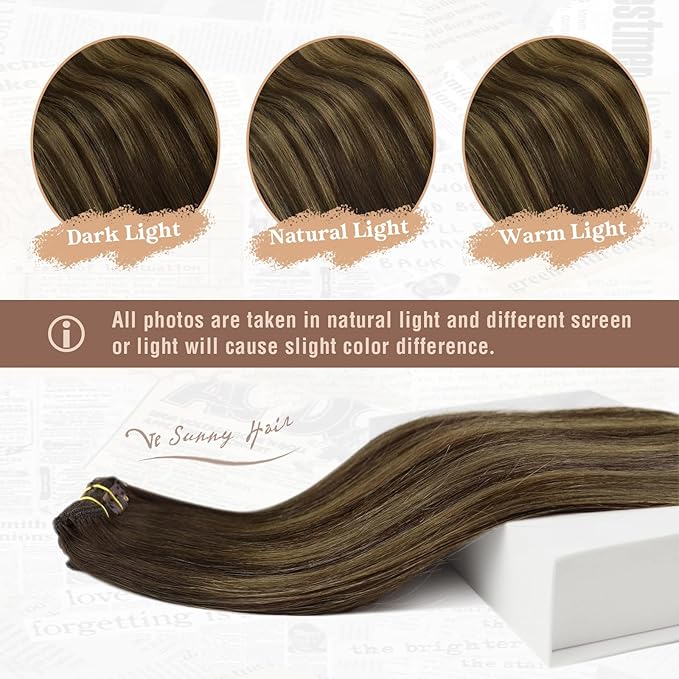 Ve Sunny Clip in Hair Extensions Real Human Hair, Human Hair Clip in Extensions, Balayage Clip in Hair Extensions Dark Brown Ombre Caramel Blonde, 12inch 5pcs 80g