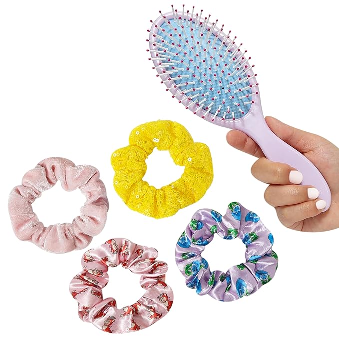 LUV HER Alice in Wonderland Hair Accessory Set – 5 Pieces: 1 Detangling 9-inch Hairbrush & 4 Scrunchies, Elastic Hair Ties, Ages 3+