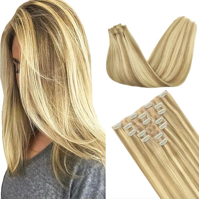GOO GOO Clip in Hair Extensions Real Human Hair, Remy Human Hair Extensions Clip ins for Women, Natural Human Hair, 12inch 85g 7Pcs, #16/22 Light Blonde Highlighted Golden Blonde