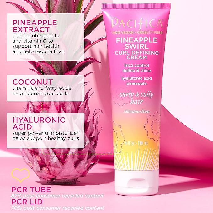 Pacifica Pineapple Swirl Curl Defining Cream – Curl Cream for Curly Hair, Curly Hair Products with Coconut Oil and Hyaluronic Acid, Styling for Bouncy Waves Without Crunch - 4 Oz