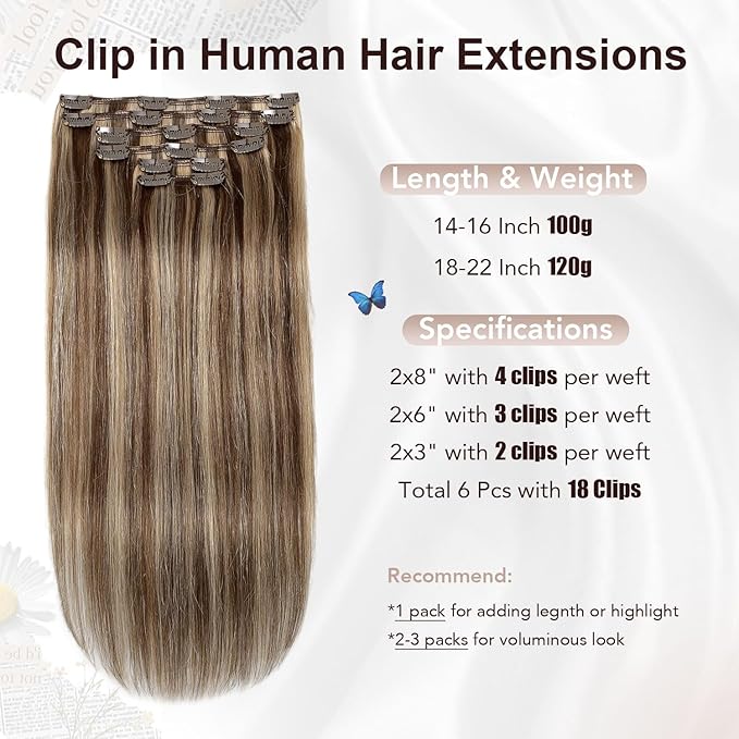 XDhair Human Hair Clip in Extensions 100g 16Inch Medium Brown Mix Caramel Blonde Remy Clip in Hair Extensions Double Weft Straight for Women (#4/27,16Inch)