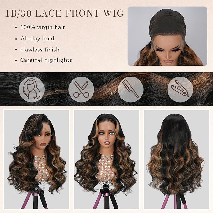 Highlight Ombre Body Wave Lace Front Wigs Human Hair 13x4 Skinlike HD Lace Wigs Invisible 0.1mm Ultra-thin 100% Real Human Hair 1B/30 Balayage Brown Wig Human Hair 200% Density 24 Inch for Women