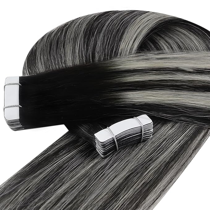 YoungSee Tape in Human Hair Extensions Ombre Black to Silver Invisible Tape ins Hair Extensions Human Hair Black to Silver Real Hair Extension Tape-in for Short Hair 12 Inch 30g 20pcs