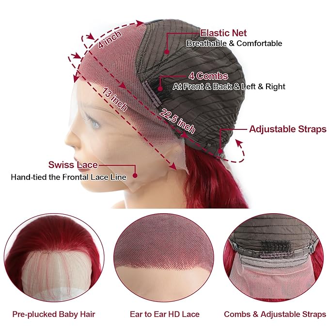 30 Inch 99J Burgundy Lace Front Wigs Human Hair Red Wigs 13x4 Lace Frontal Lace Front Wigs Human Hair HD Red Colored Wig For Women