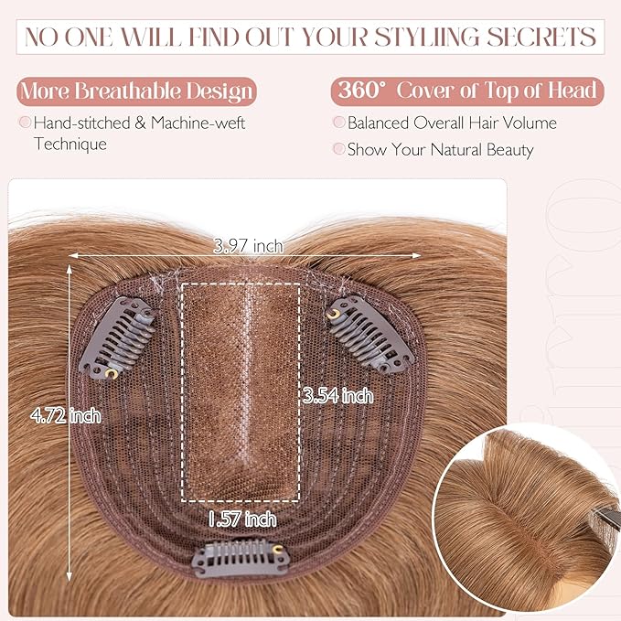 Hairro 100% Human Hair Topper No Bangs, Real Clip in Hair Hairpieces for Women, 3.94x4.72" Silk Base for Thinning Receding High Hairline, 12 Inch Light Brown Middle Part