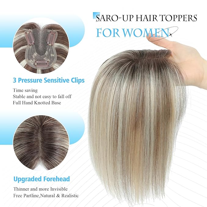 SARO-UP Hair Toppers for Women Real Human Hair Toppers for Women with Thinning Hair pieces with No Bangs 3 * 4Inch Hand-Tied Invisible Upgrade Swiss Base 10Inch Topper (2T613#)