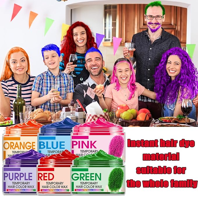 6 Color Temporary Hair Color Wax,Christmas Gifts,Stocking Stuffers for Kids, Blue Green Purple Pink Orange Red Hair Dye Natural Instant Hair Wax Color,DIY Temporary Hair Color for Kids Teens Women Men