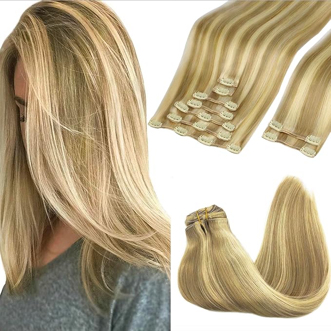 GOO GOO Clip in Hair Extensions Real Human Hair, Remy Human Hair Extensions Clip ins for Women, Natural Human Hair, 26inch 260g 9Pcs, #16/22 Light Blonde Highlighted Golden Blonde