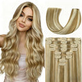Blonde Clip in Hair Extensions Real Human Hair, 16 Inch 90g Natural Human Hair, Remy Human Hair Extensions Cip ins for Women 8pcs Per Set #16/22 Light Blonde Highlighted Golden Blonde