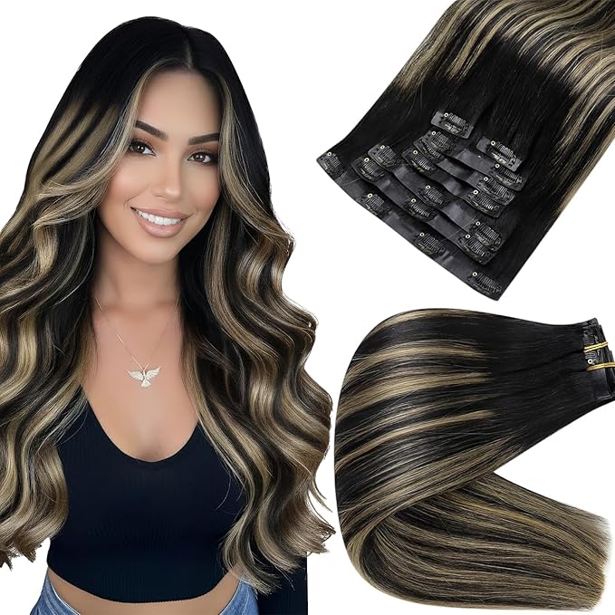 Full Shine Seamless Clip in Hair Extensions Human Hair Ombre Natural Black Mixed Caramel Blonde Invisible Clip in Hair Extensions Human Hair with PU Weft 16 Inch 120 Grams 8pcs