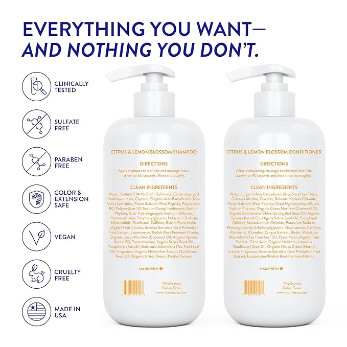 Routine Wellness Anti-Thinning Shampoo and Conditioner Set for Thinning Hair - Biotin DHT Blocker Women & Men - Color Safe Shampoo for Hair Loss & Healthier Hair - Citrus & Lemon Blossom (Pack of 2)