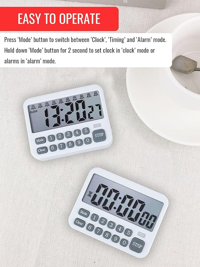 Digital Multifunction Timer with Clock, 10 Preset Alarms, Countup & Countdown, Memory Settings, White