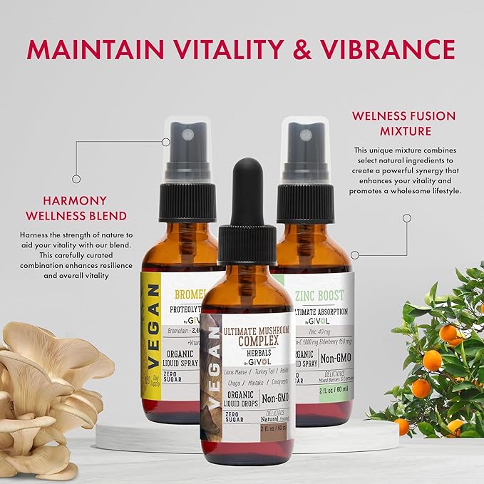 Digestive Harmony Bundle Liquid Vitamin Trio Mushroom Complex Lions Mane, Reishi, Maitake & Chaga, Zinc Picolinate & Bromelain | Non-GMO | Gluten Free | Sugar Free | 2 Fl Oz | 240 Days Supply