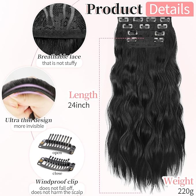 KooKaStyle Clip in Synthetic Hair Extensions Long Wavy 4PCS Thick Hairpieces Black Fiber Double Weft Natural Hair Extensions 24 Inch for Women