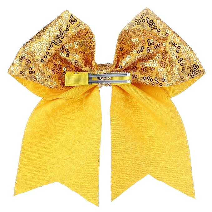 Large Glitter Cheer Bows Clips, Jumbo Big 7 Inch Cheerleading Sequin Hair Bow Hair Accessories for Teens Girls Football Sports Cheerleader Outfit Uniform (Yellow)