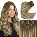 Ve Sunny Human Hair Clip in Extensions Brown Balayage Real Hair Extensions Clip in Human Hair Ombre Brown with Blonde Clip in Hair Extensions Real Human Hair 5pcs 12in 80g