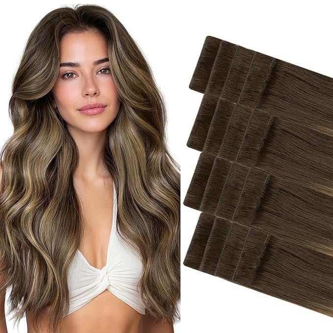 GOO GOO Invisi Edge Tape in Hair Extensions Human Hair, 4/27/4 Balayage Chocolate Brown to Caramel Blonde 20pcs 20inch 50g, Virgin Remy Hair, Seamless Injected Tape, Natural Look