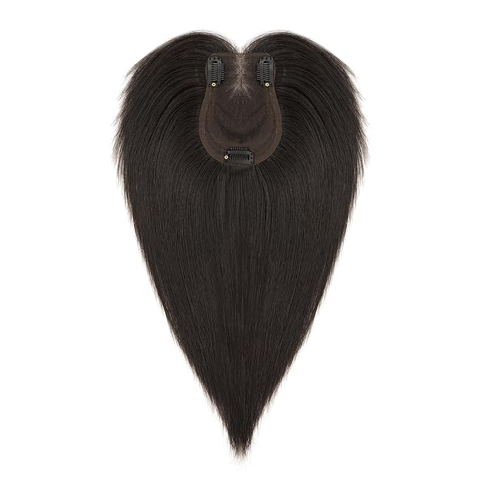 Hairro Human Hair Toppers with Side Bangs, 3D 360° Seamless Real Hair Toppers, Hand-Tied with 3.5"x4.7" U-shaped Base, Clip-In Hairpieces to Add Volume on Top, 12 Inch Natural Black