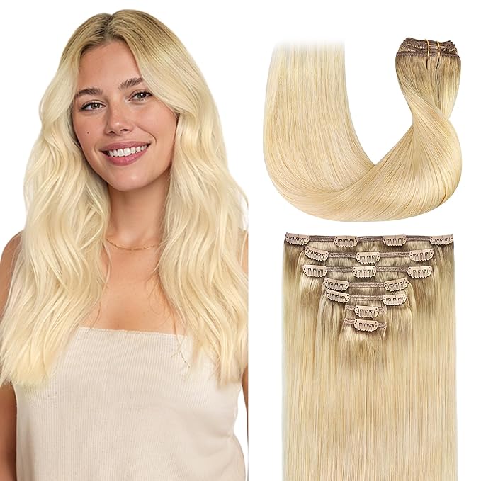 GOO GOO Clip in Hair Extensions Real Human Hair, Remy Human Hair Extensions Clip ins for Women, Natural Human Hair, 16inch 120g 7Pcs, #R7/60F