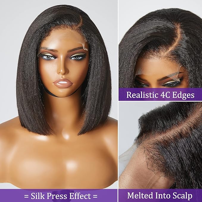 LUVME HAIR 4C Kinky Edges Lace Front Bob Wig 10 Inch Short Kinky Straight Human Hair Wig Glueless Deep Side Parted Lace Bob Wig with Natural Hairline For Women