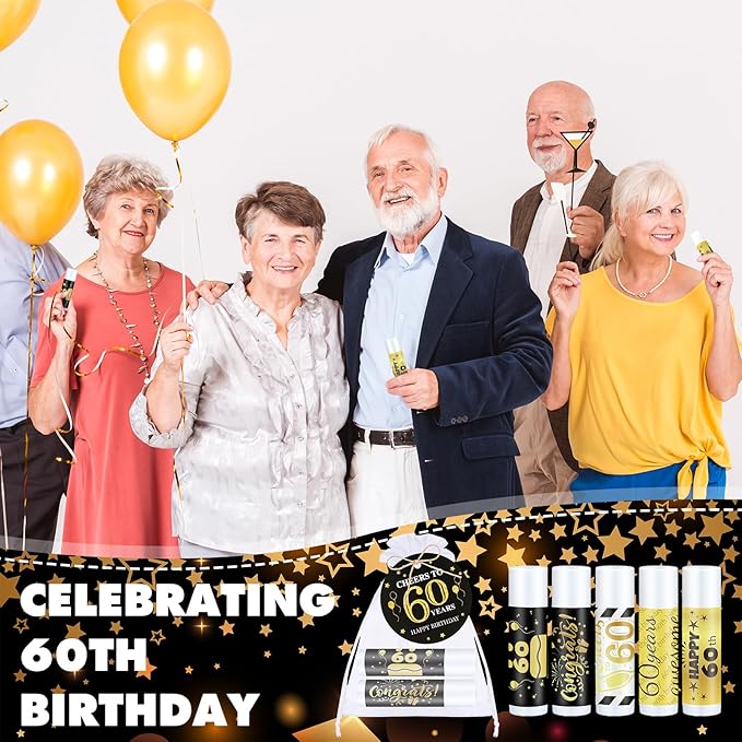 50 Sets 60th Birthday Favors Lip Balm Gifts Bulk Moisturizing Lip Balm with 50 Organza Drawstring Gift Bag 50 Tags 60th Birthday Party Supplies Gifts Bulk for Men and Woman