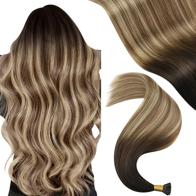 YoungSee I Tip Extensions Brown Balayage Itip Human Hair Extensions Dark Brown Ombre Brown with Blonde I Tip Hair Extensions 16 Inch 80s 50g Cold Fusion Hair Extension Add Length and Volume