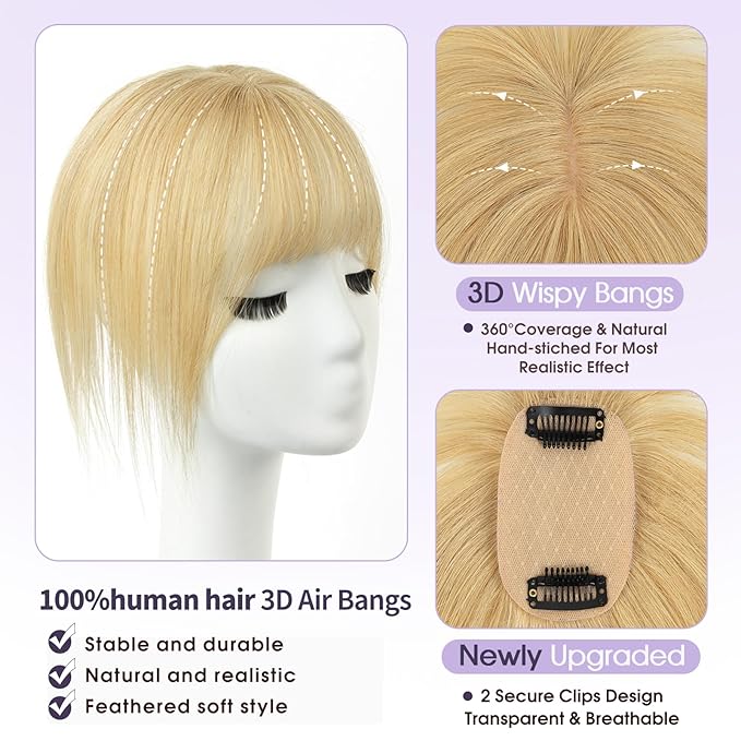 Human Hair Topper with Bangs – 100% Real Remy Hair Topper for Women, Thin Skin Base & Natural Hairline for Thinning Crown, Clip-In Hairpiece (8inch, Strawberry Blonde)