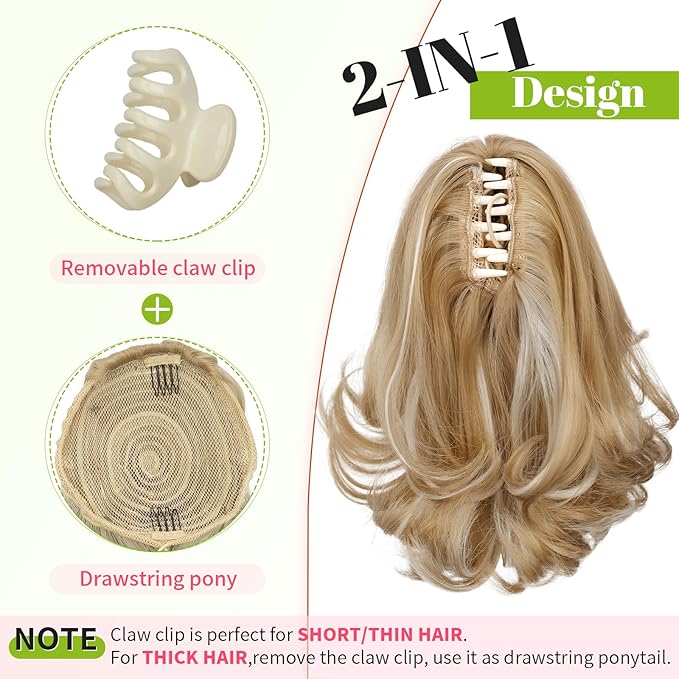 KooKaStyle Ponytail Extension, 10" Short Claw Clip in Pony Tails Hair Extensions Curly Wavy Synthetic Drawstring Hairpieces for Women Honey Blonde with Ash Blonde Highlights