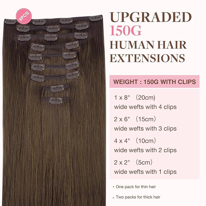 GOO GOO Clip in Hair Extensions Real Human Hair, Remy Human Hair Extensions Clip ins for Women, Natural Human Hair, 24inch 240g 9Pcs, #4A Chocolate Brown