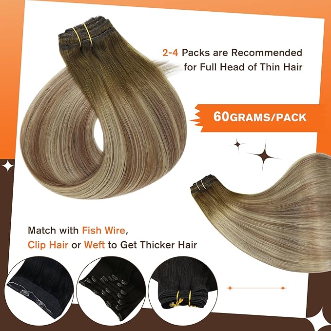 Full Shine Clip in Hair Extensions Ombre Dark Brown Roots Brown Mix Blonde Hair Extension Real Human Hair 20 Inch Hair Extensions Clip ins for Women Straight Natural Hair 3 PCS 60 G